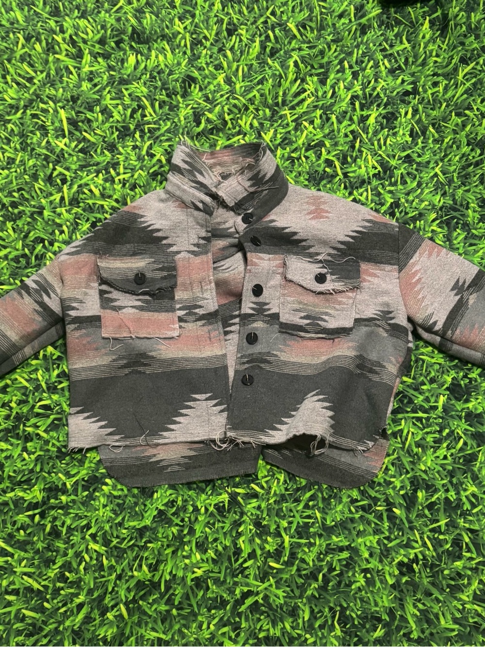Cropped Aztec Print Button-Up Jacket in Black and Gray with Rust Accents